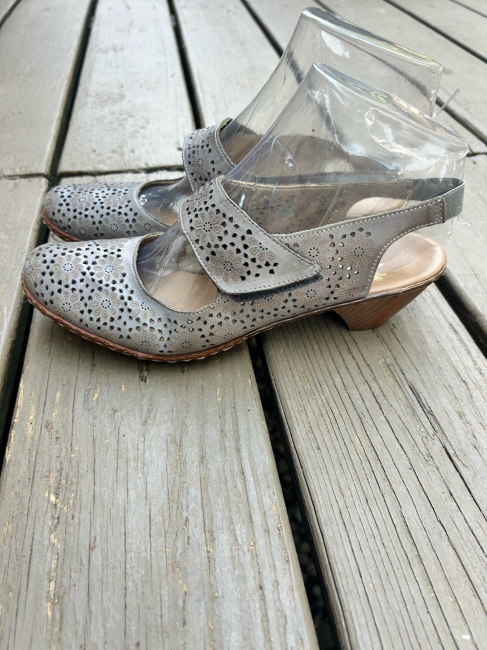 Rieker Gray Taupe Perforated Leather Low Heel Slingback Shoes | Size 40 US 9-9.5